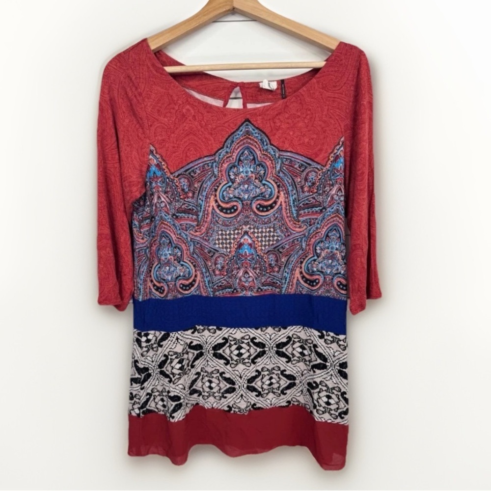 Akemi + Kin Anthro Multi-Color Tunic Top 3/4 Sleeve Sz S Boho Festival Folk Art